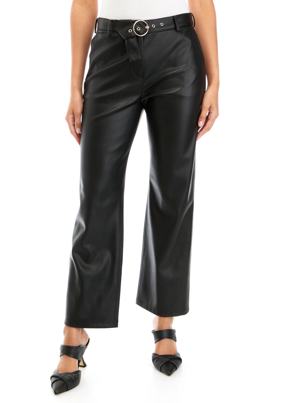 Womens Vegan Leather Slim Belted Pants
