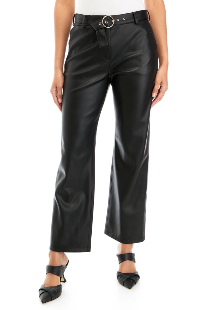 Womens Vegan Leather Slim Belted Pants
