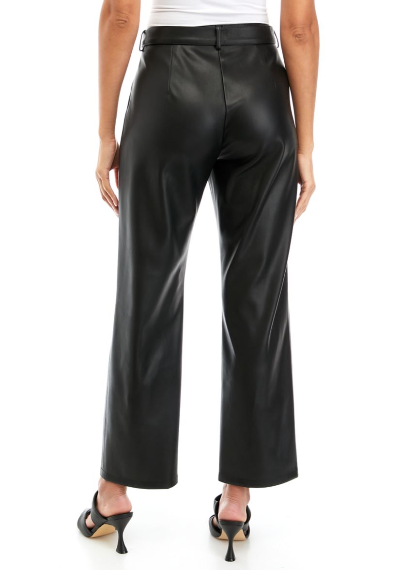 Womens Vegan Leather Slim Belted Pants