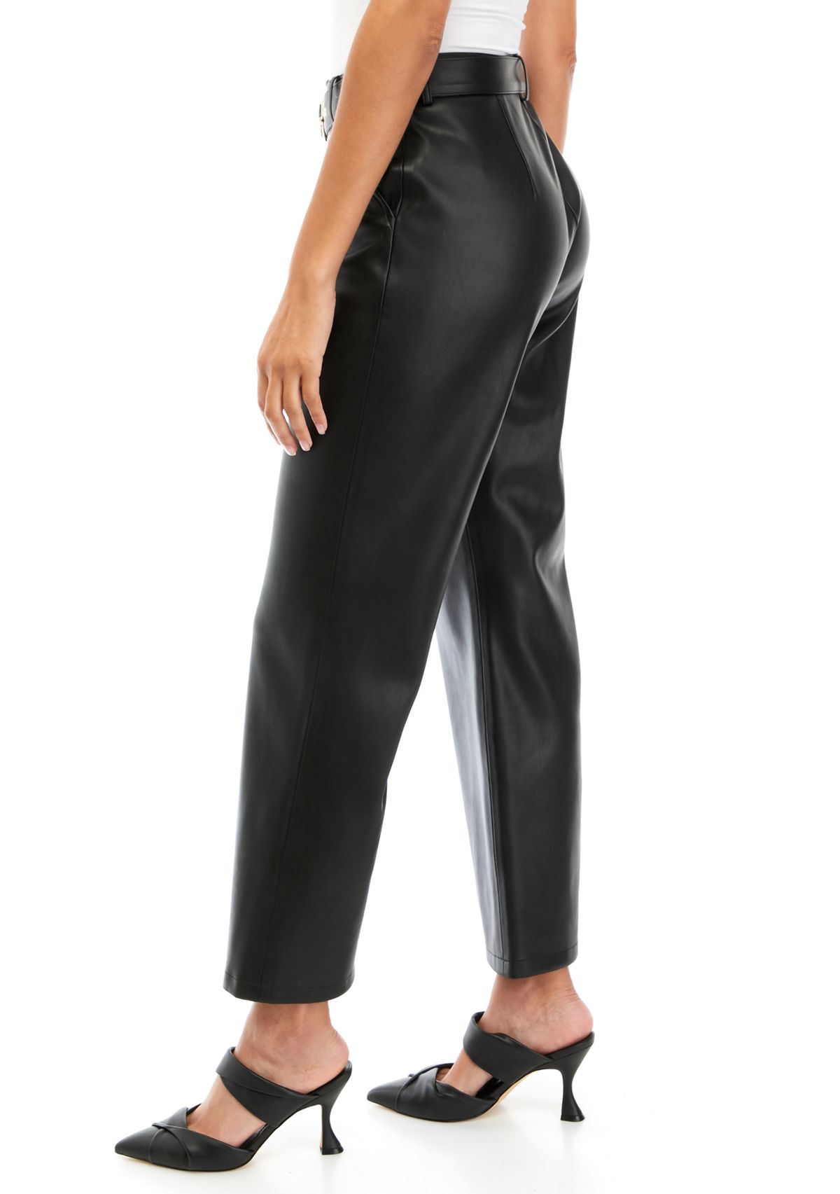 Womens Vegan Leather Slim Belted Pants