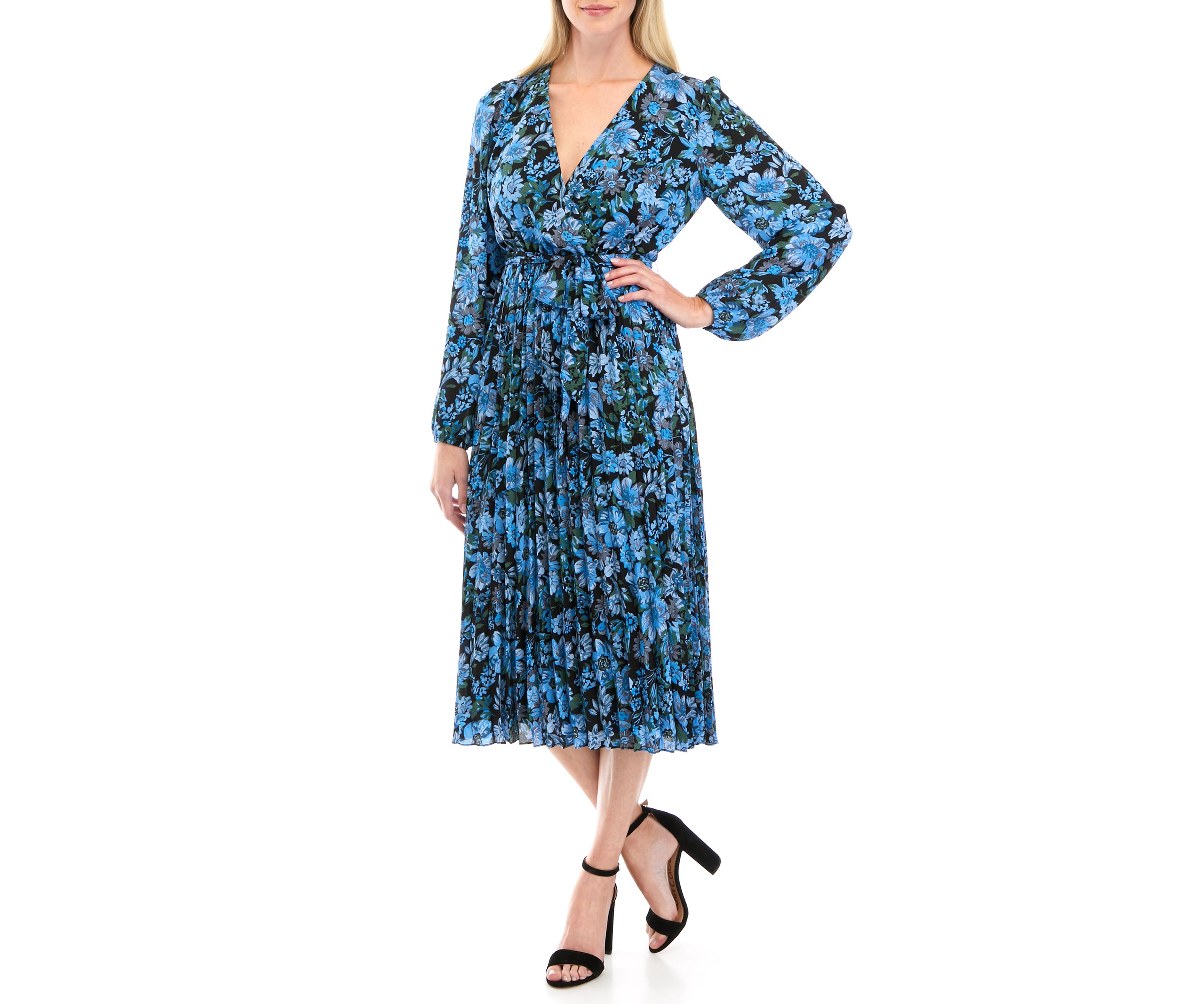 Womens Long Sleeve Floral Pleated Wrap Dress