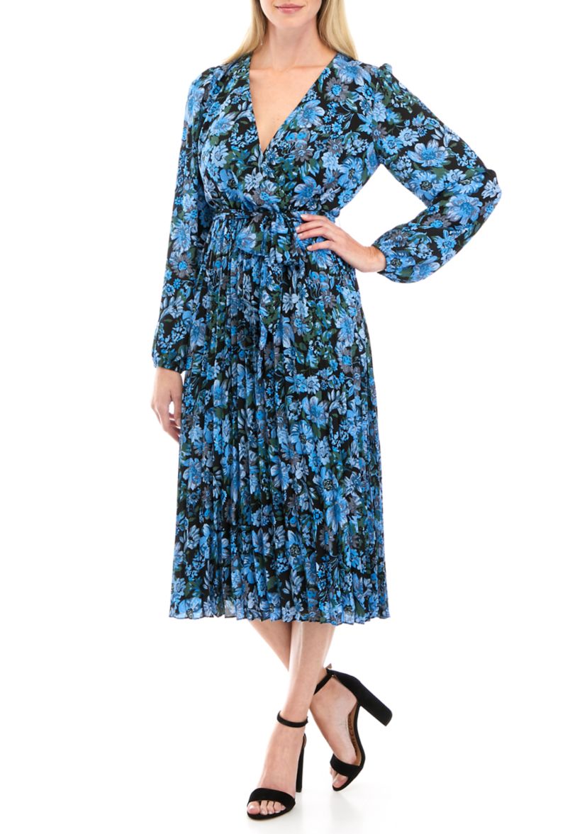 Womens Long Sleeve Floral Pleated Wrap Dress