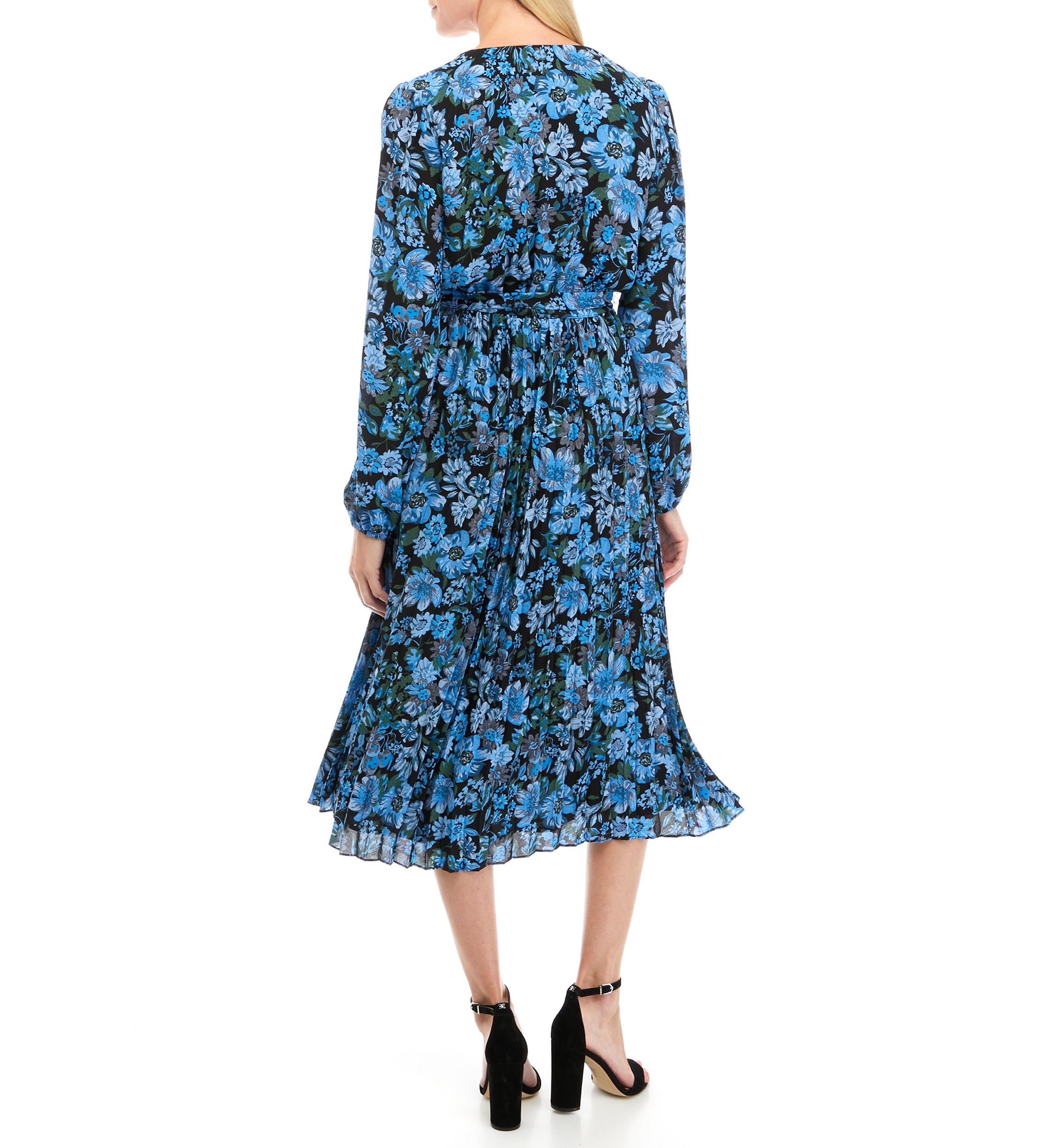 Womens Long Sleeve Floral Pleated Wrap Dress