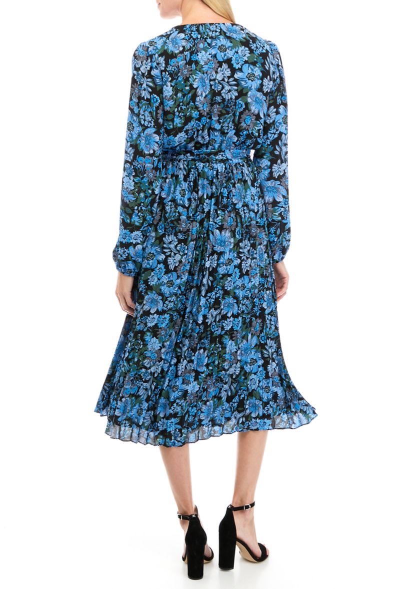 Womens Long Sleeve Floral Pleated Wrap Dress