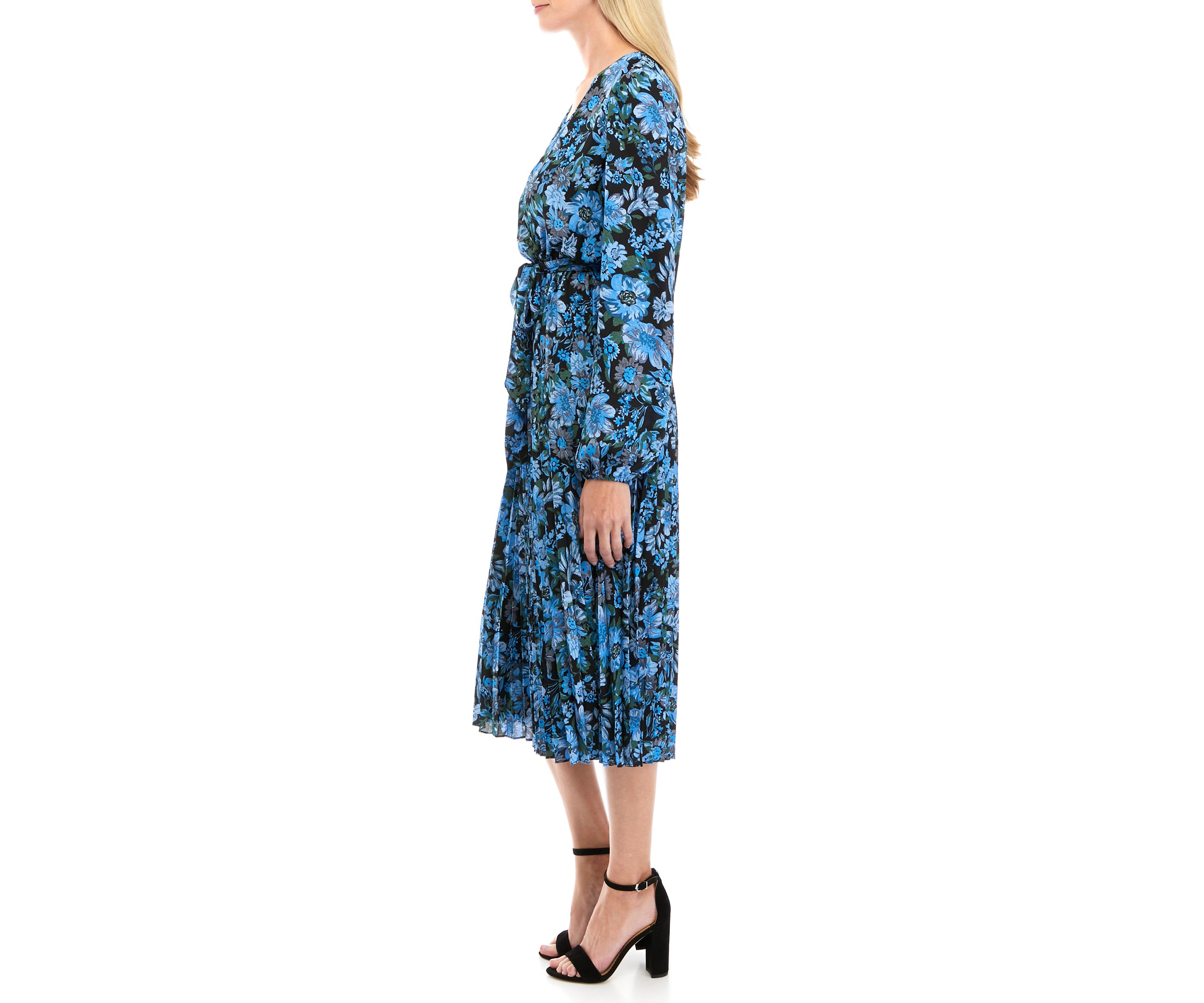 Womens Long Sleeve Floral Pleated Wrap Dress