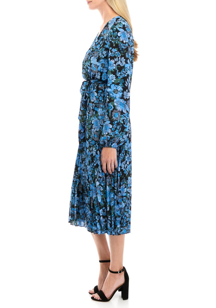 Womens Long Sleeve Floral Pleated Wrap Dress