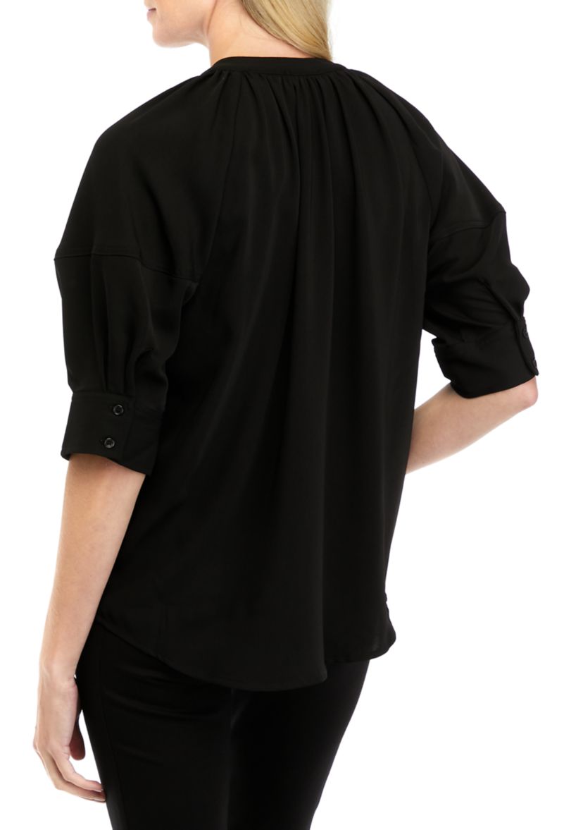 Womens Elbow Drop Shoulder Split Neck Top 
