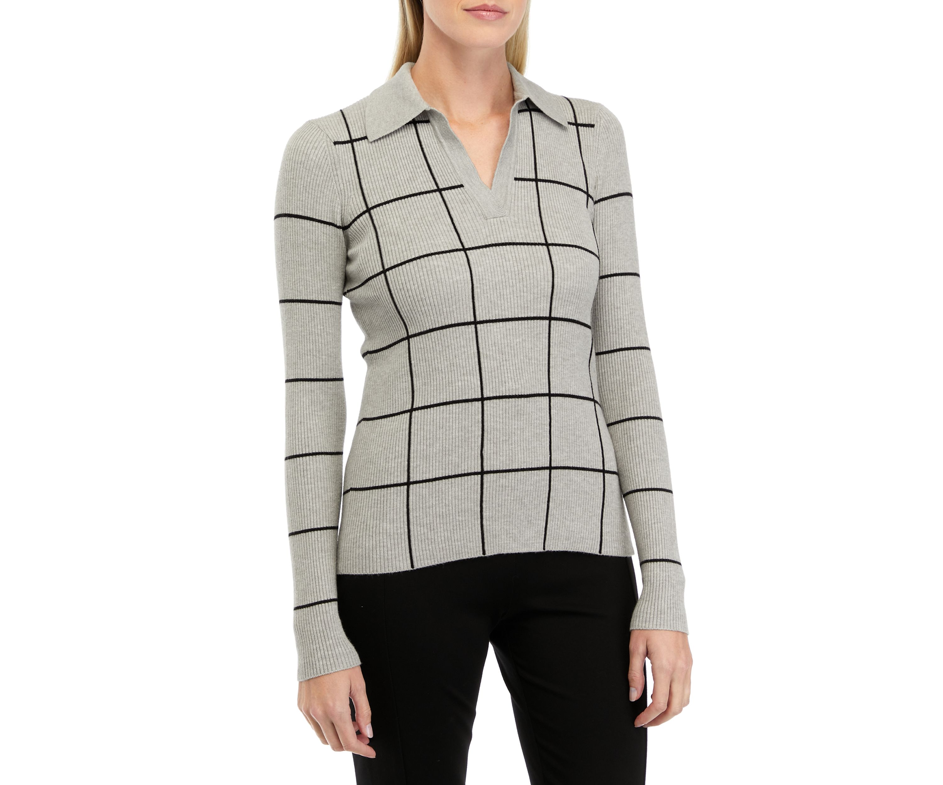 Womens Long Sleeve Collared Windowpane Sweater