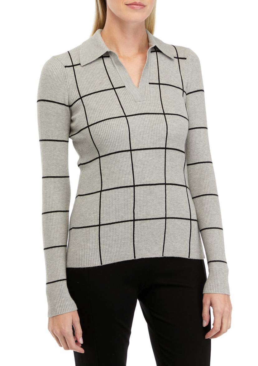 Womens Long Sleeve Collared Windowpane Sweater