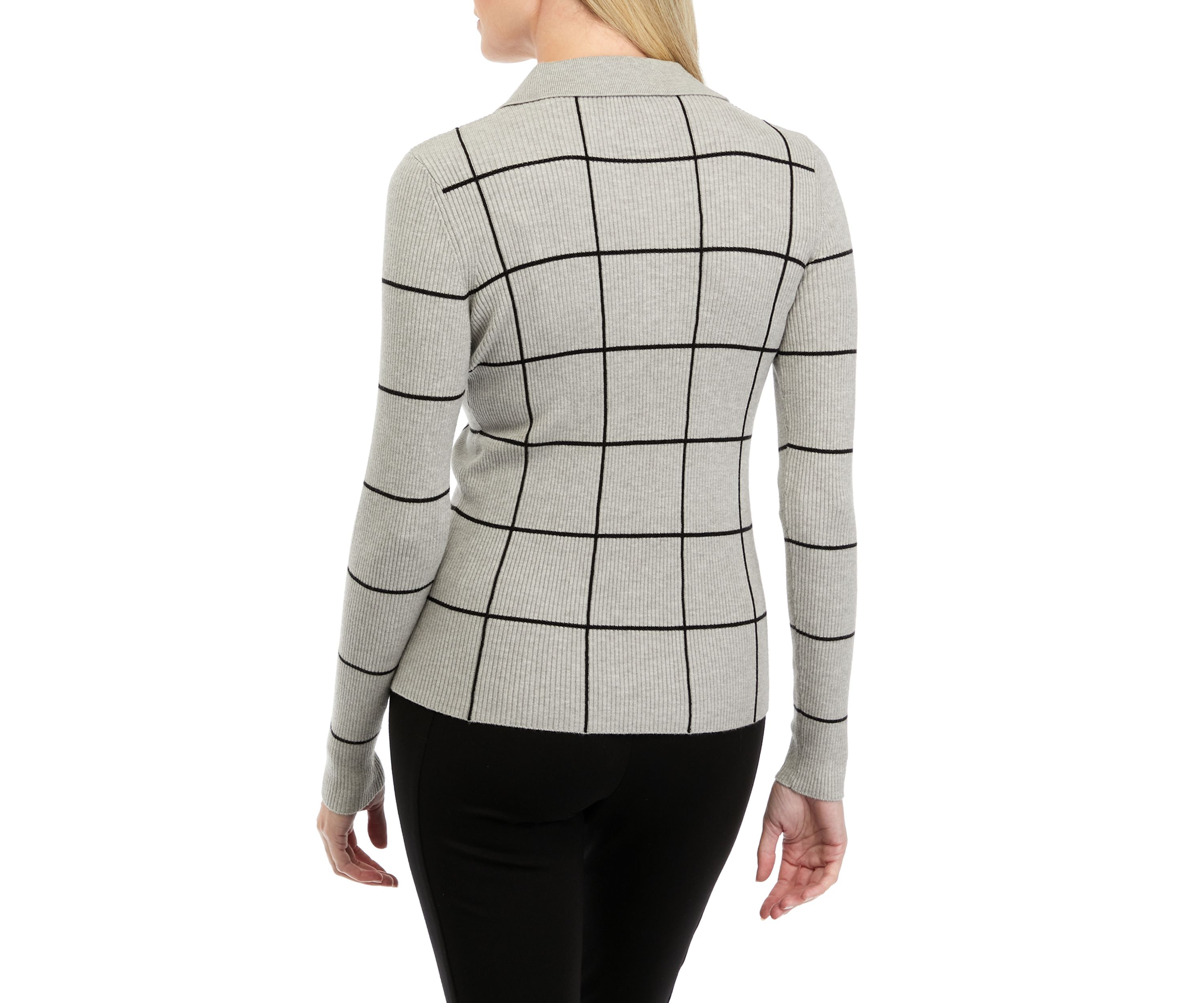 Womens Long Sleeve Collared Windowpane Sweater