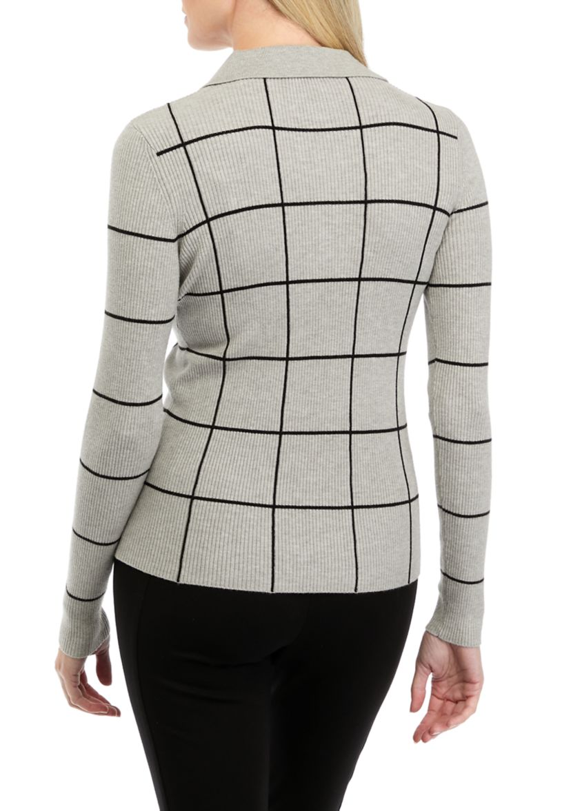 Womens Long Sleeve Collared Windowpane Sweater