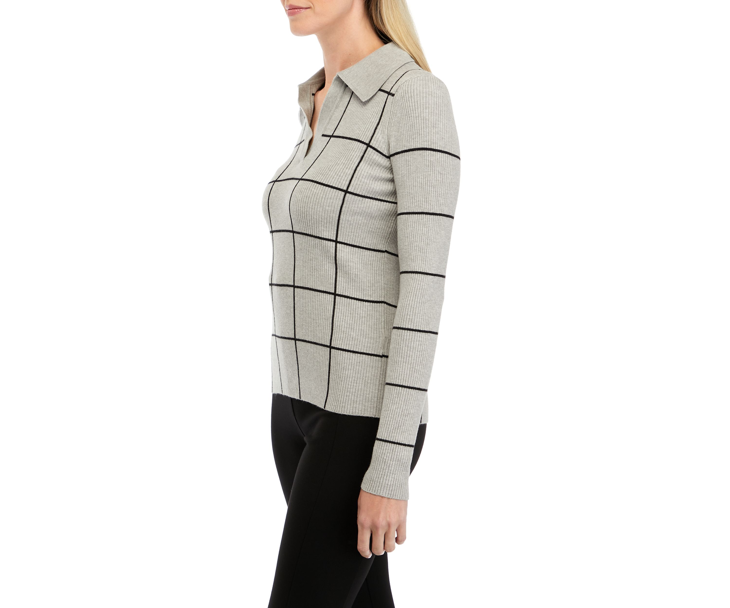Womens Long Sleeve Collared Windowpane Sweater