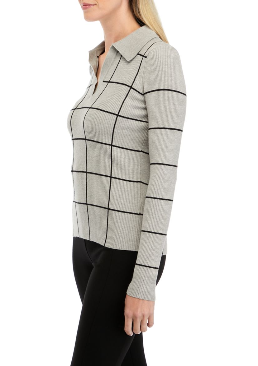 Womens Long Sleeve Collared Windowpane Sweater