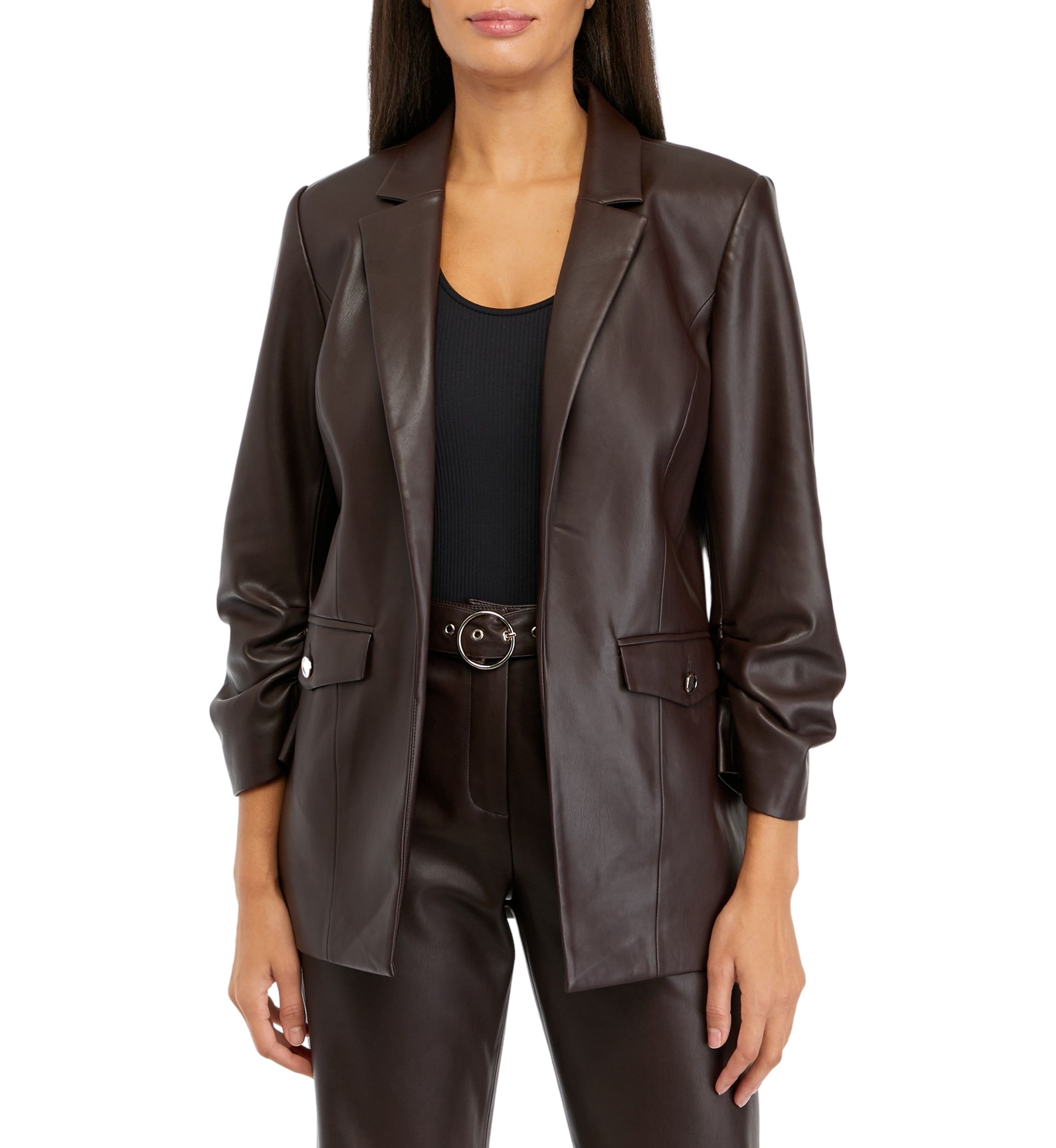 Womens Notch Collar Vegan Leather Blazer