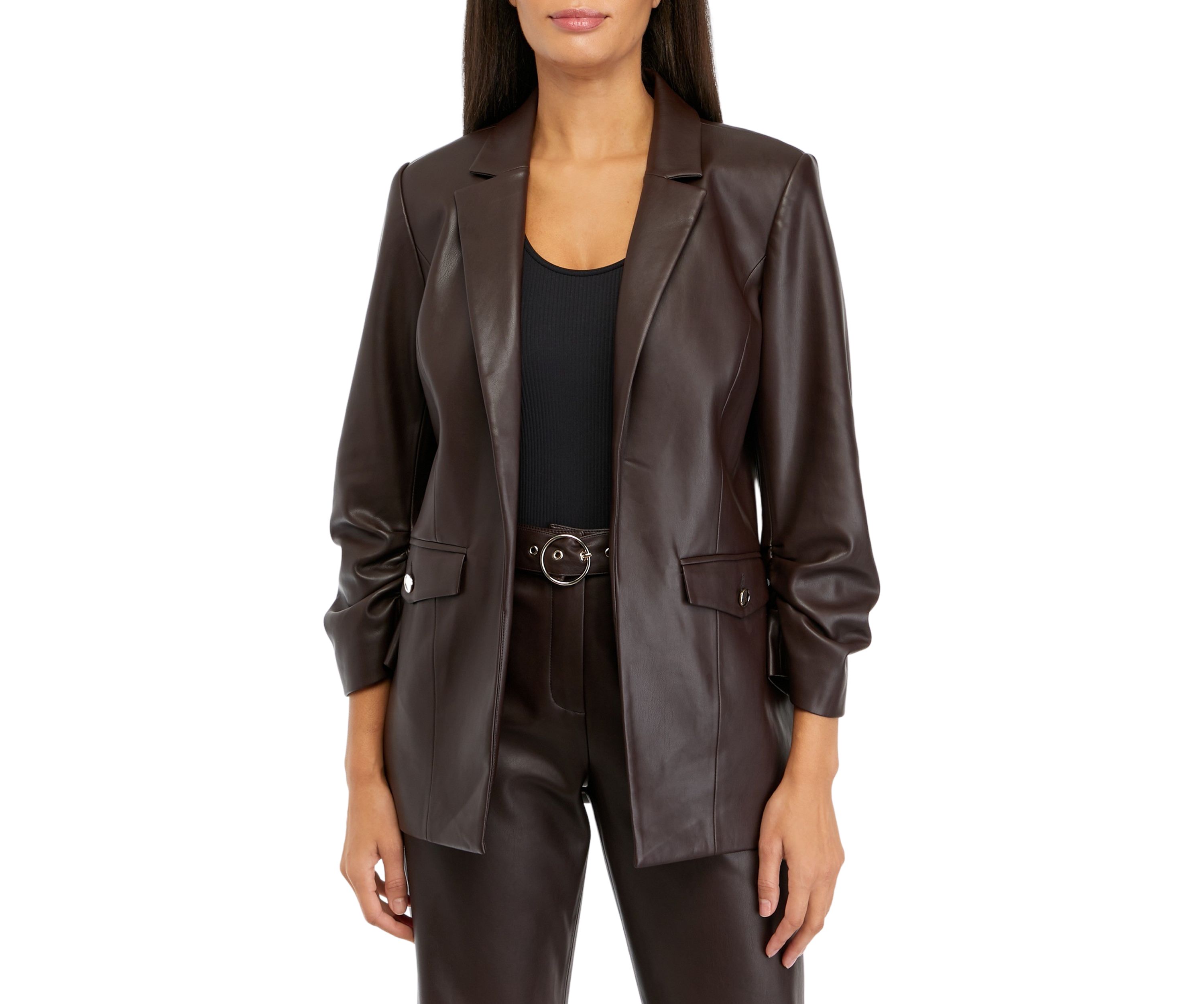 Womens Notch Collar Vegan Leather Blazer