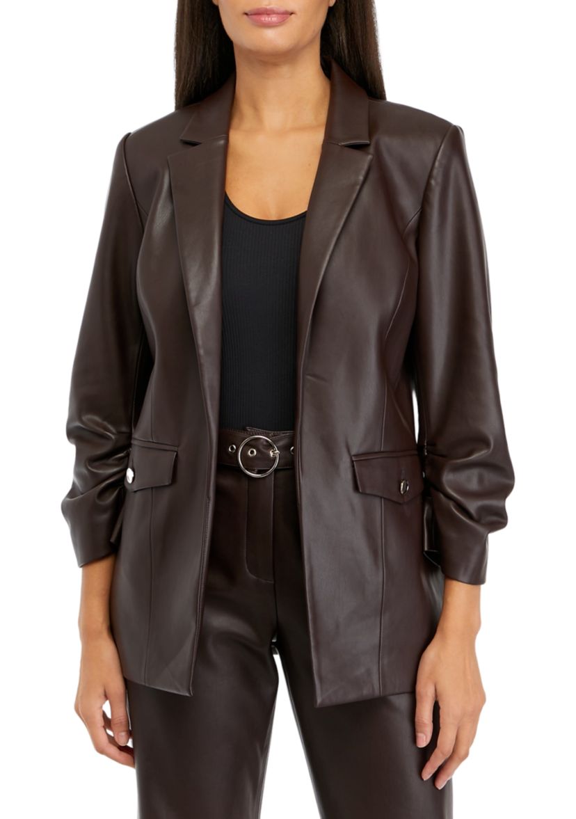 Womens Notch Collar Vegan Leather Blazer