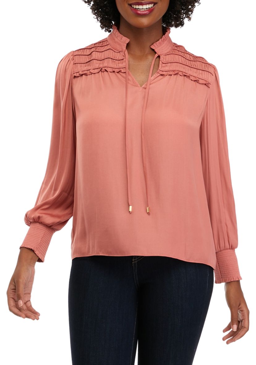Petite Long Sleeve Split Neck Airflow Ruffle Trim Blouse