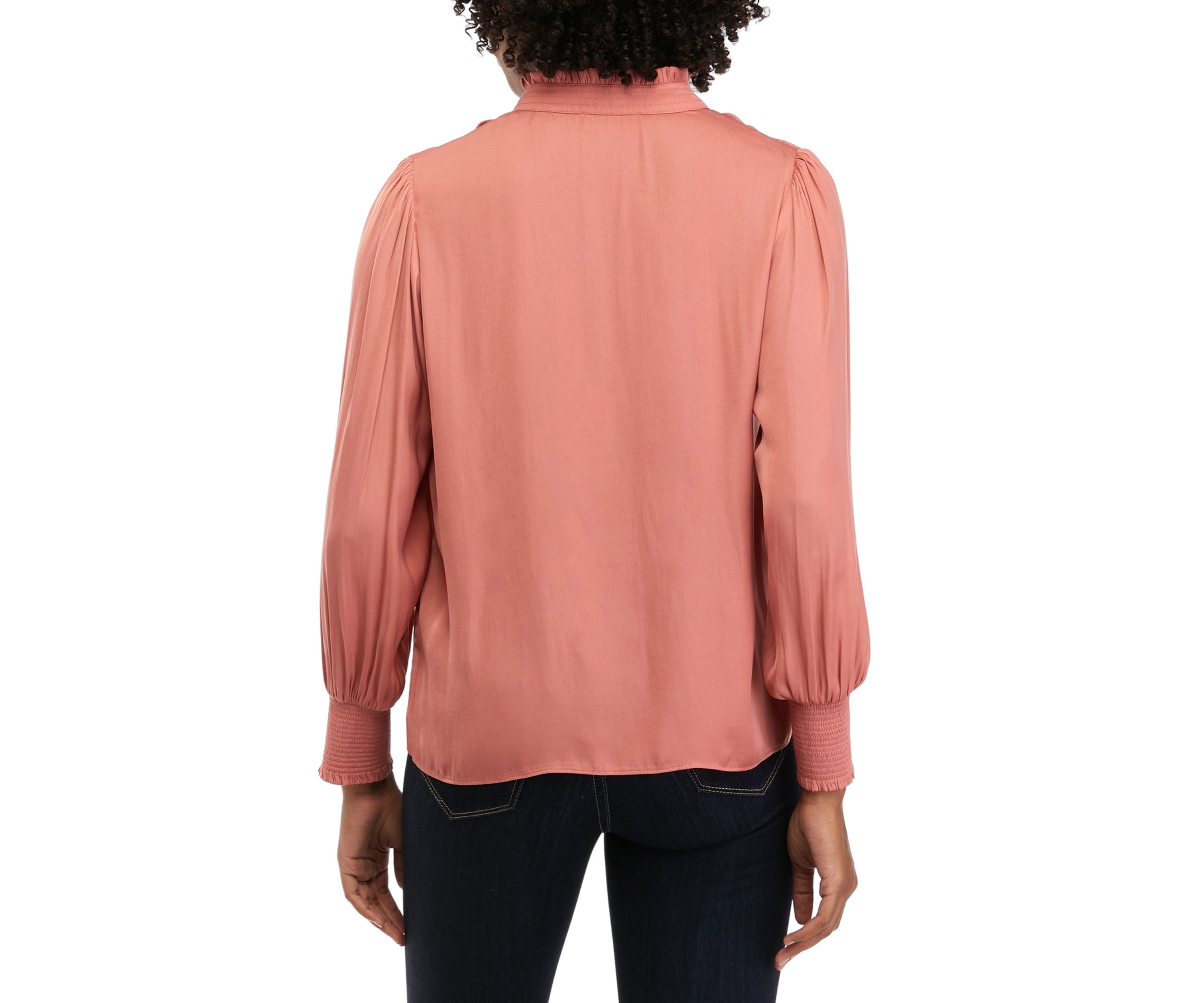 Petite Long Sleeve Split Neck Airflow Ruffle Trim Blouse