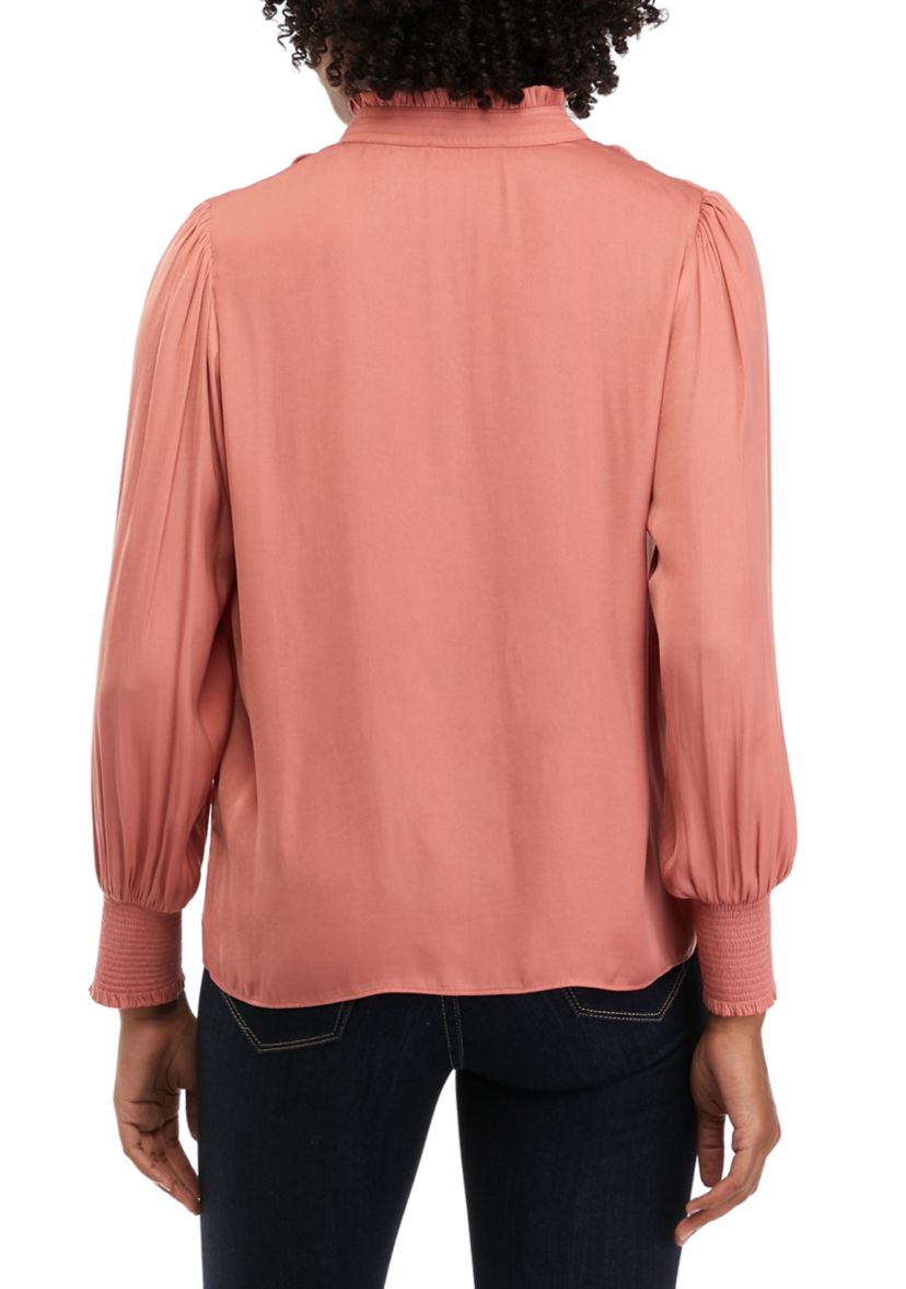 Petite Long Sleeve Split Neck Airflow Ruffle Trim Blouse