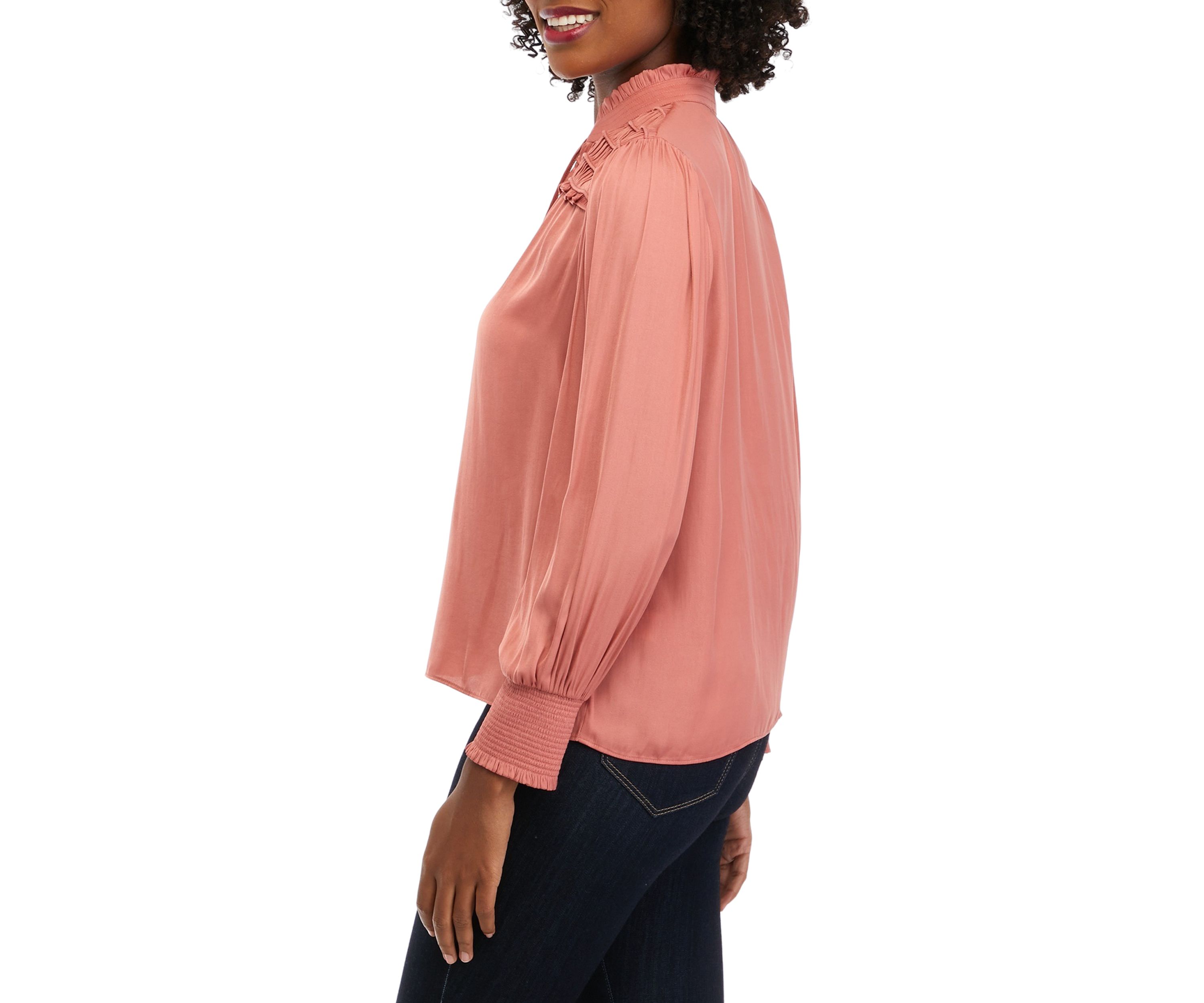Petite Long Sleeve Split Neck Airflow Ruffle Trim Blouse