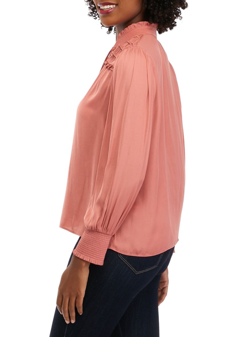 Petite Long Sleeve Split Neck Airflow Ruffle Trim Blouse