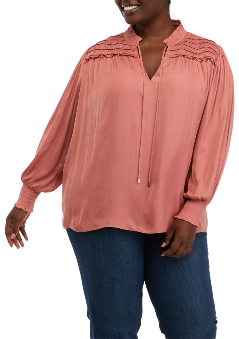 Plus Size Blouson Sleeve Ruffle Trim Blouse
