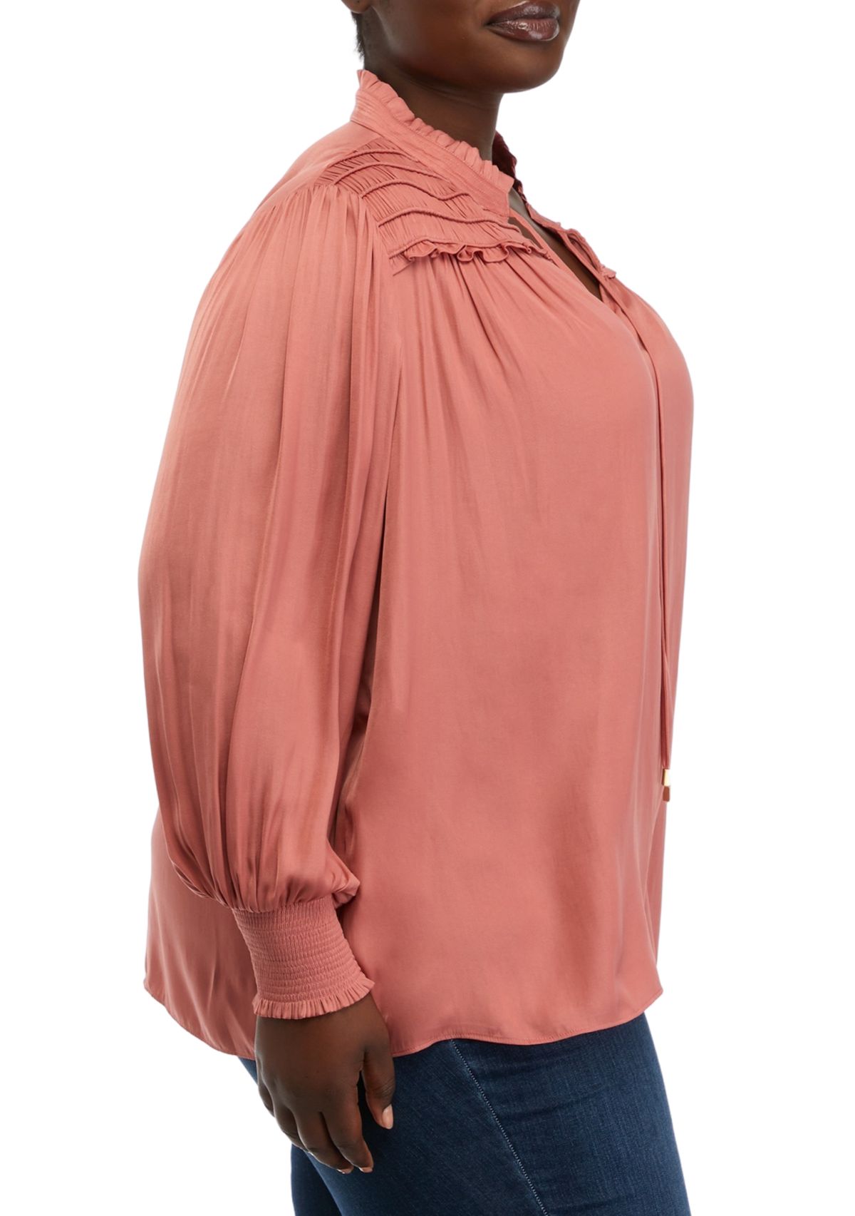Plus Size Blouson Sleeve Ruffle Trim Blouse