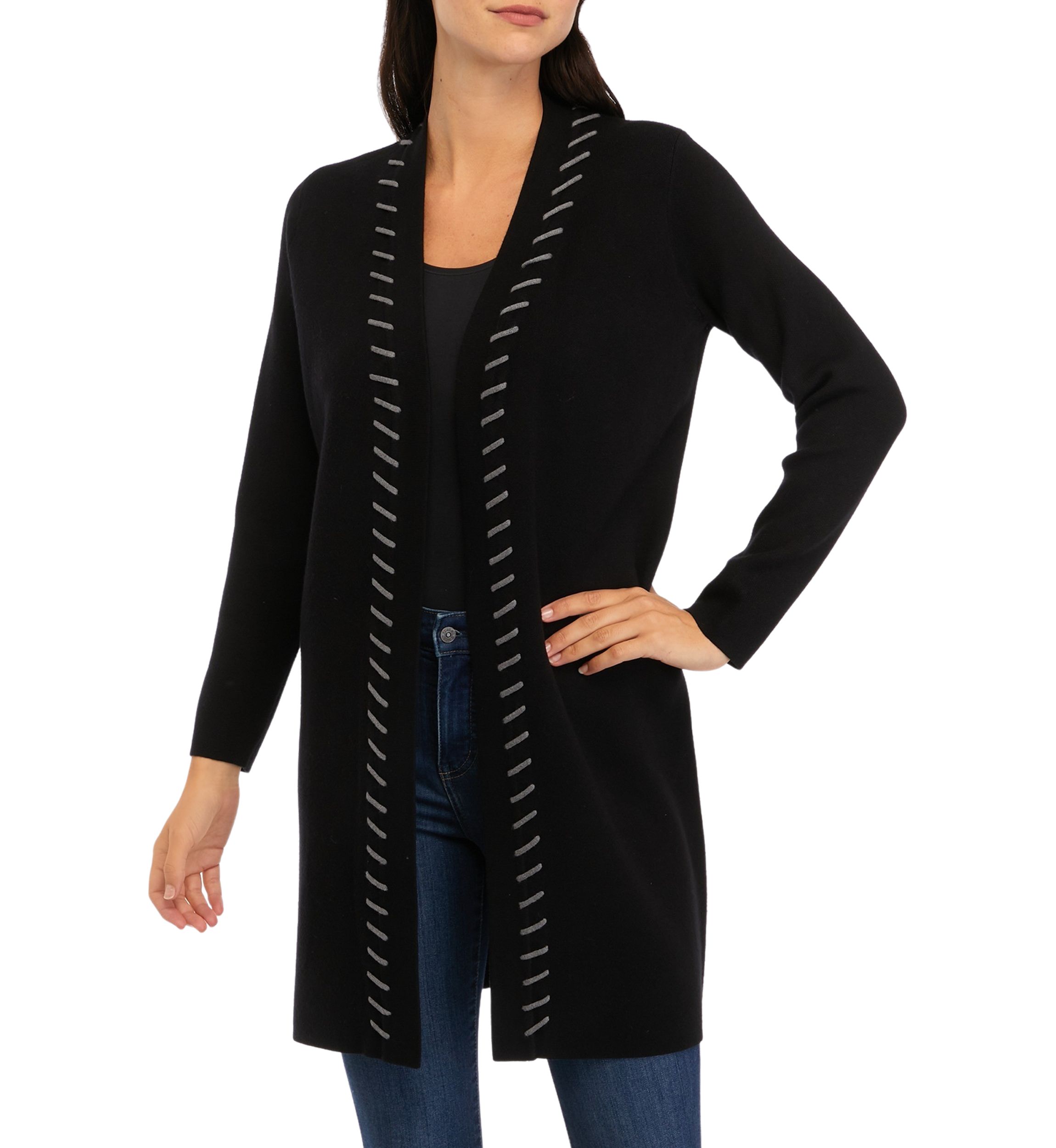 Petite Long Sleeve Whipstitch Open Cardigan 