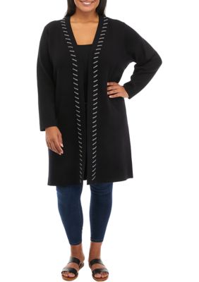 T Tahari Women's Plus Size Long Sleeve Whipstitch Open Cardigan