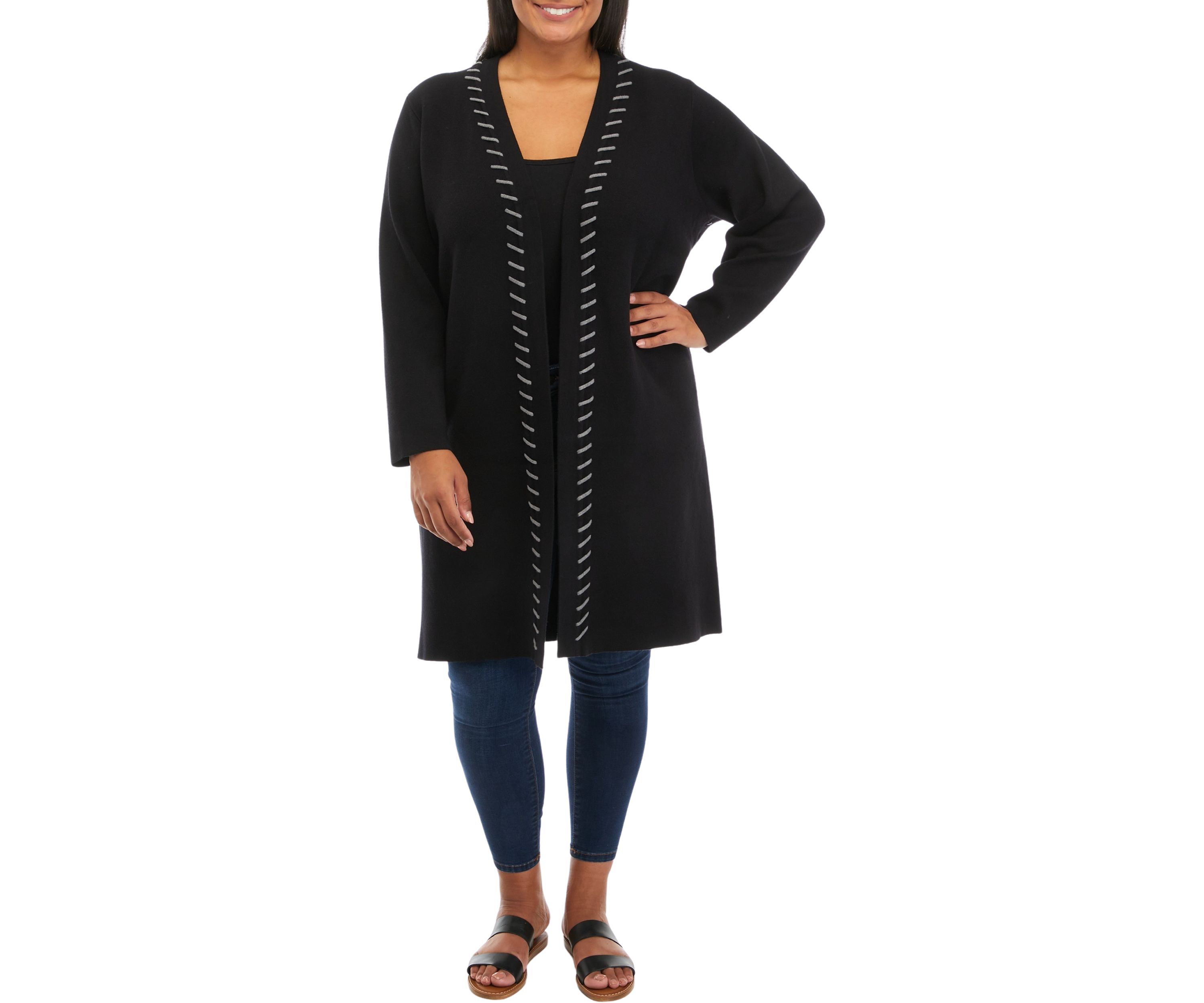 Plus Size Long Sleeve Whipstitch Open Cardigan 