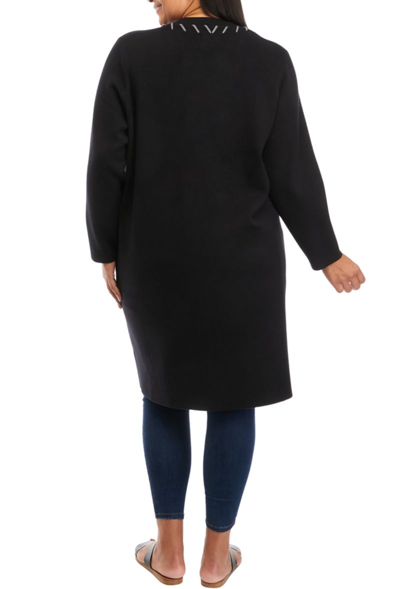 Plus Size Long Sleeve Whipstitch Open Cardigan 