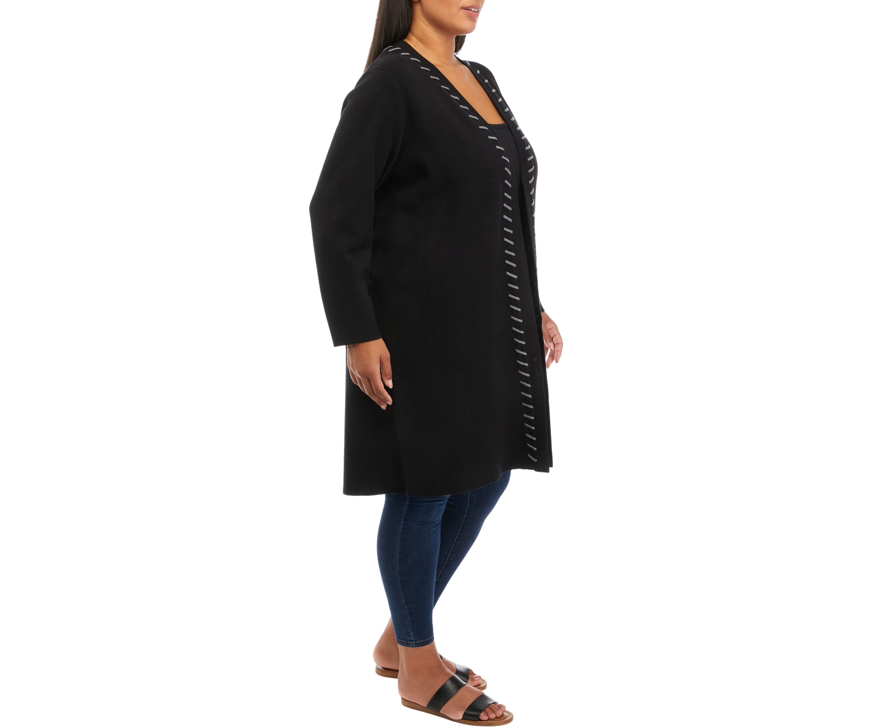 Plus Size Long Sleeve Whipstitch Open Cardigan 
