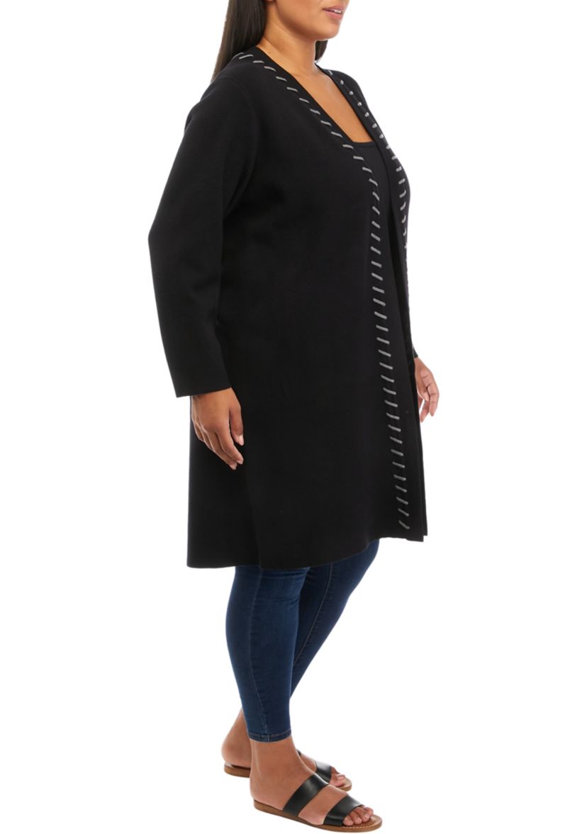Plus Size Long Sleeve Whipstitch Open Cardigan 