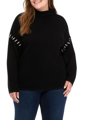 T Tahari Women's Plus Size Drop Shoulder Funnel Neck Sweater
