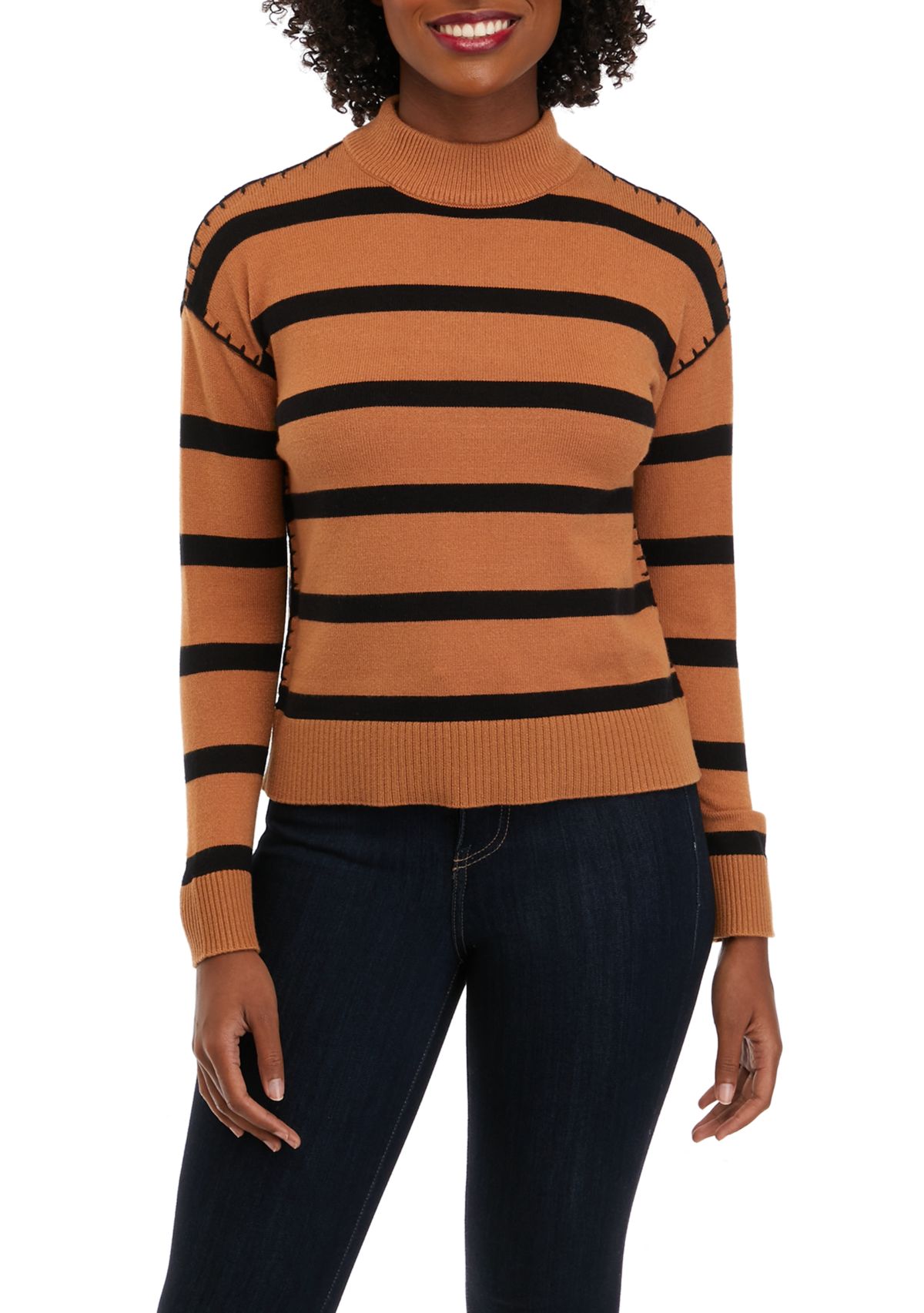 Petite Long Sleeve Stripe Mock Neck Sweater