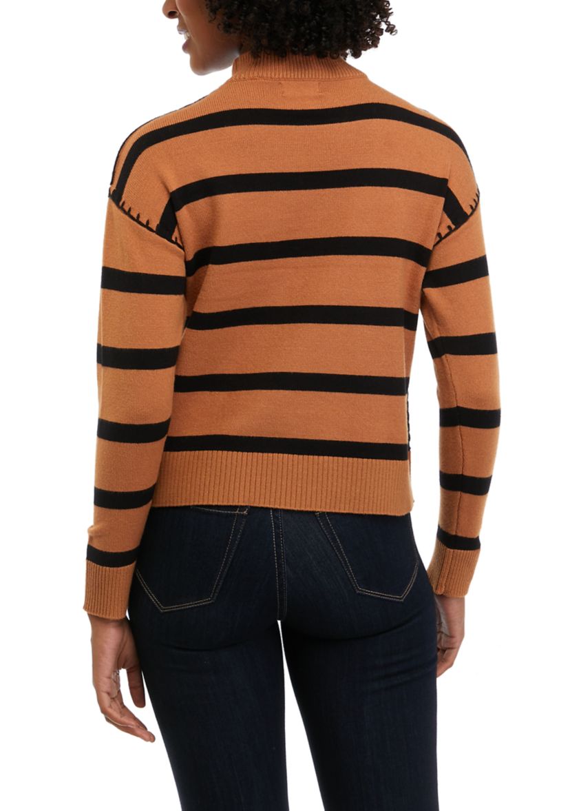 Petite Long Sleeve Stripe Mock Neck Sweater