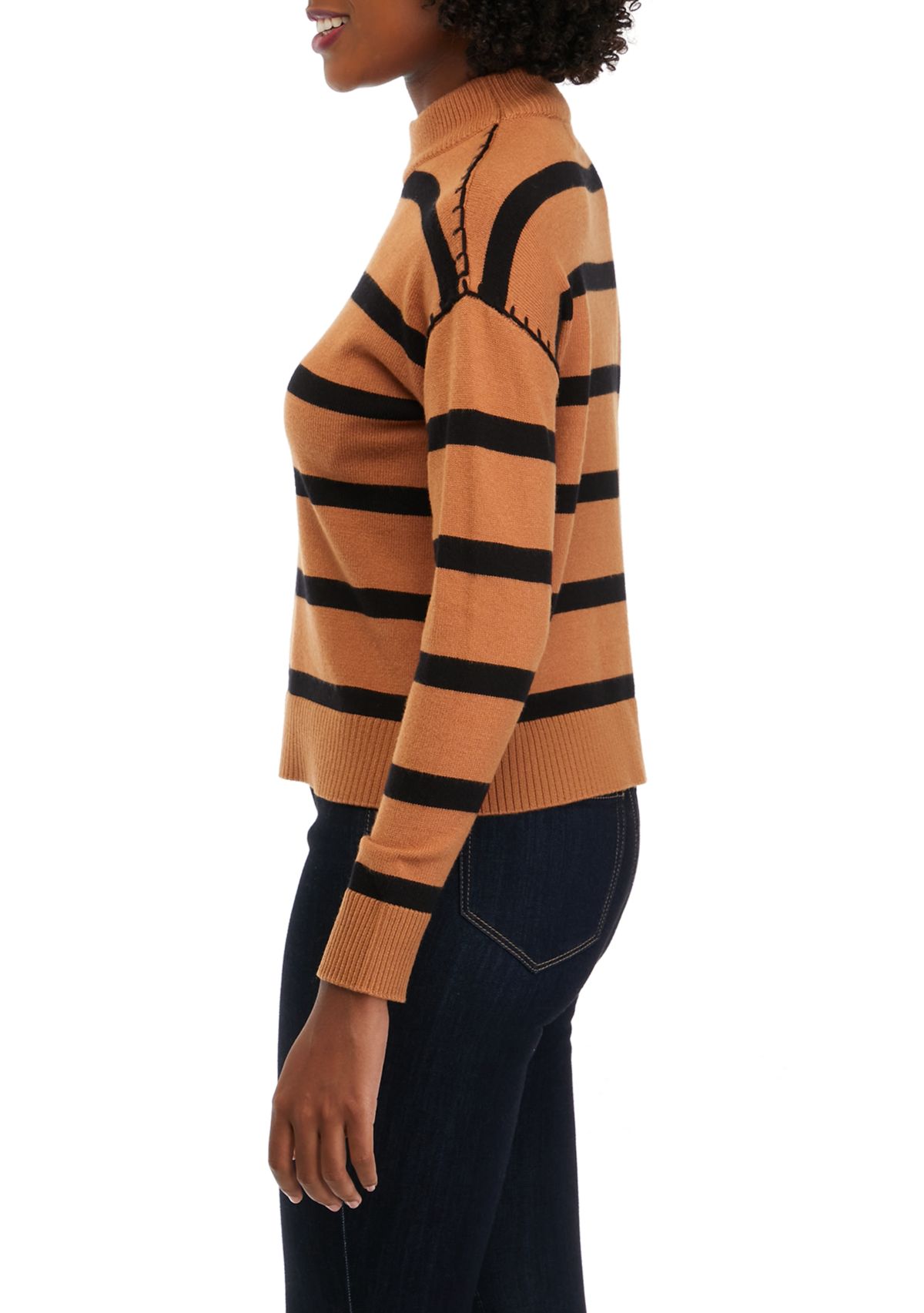 Petite Long Sleeve Stripe Mock Neck Sweater