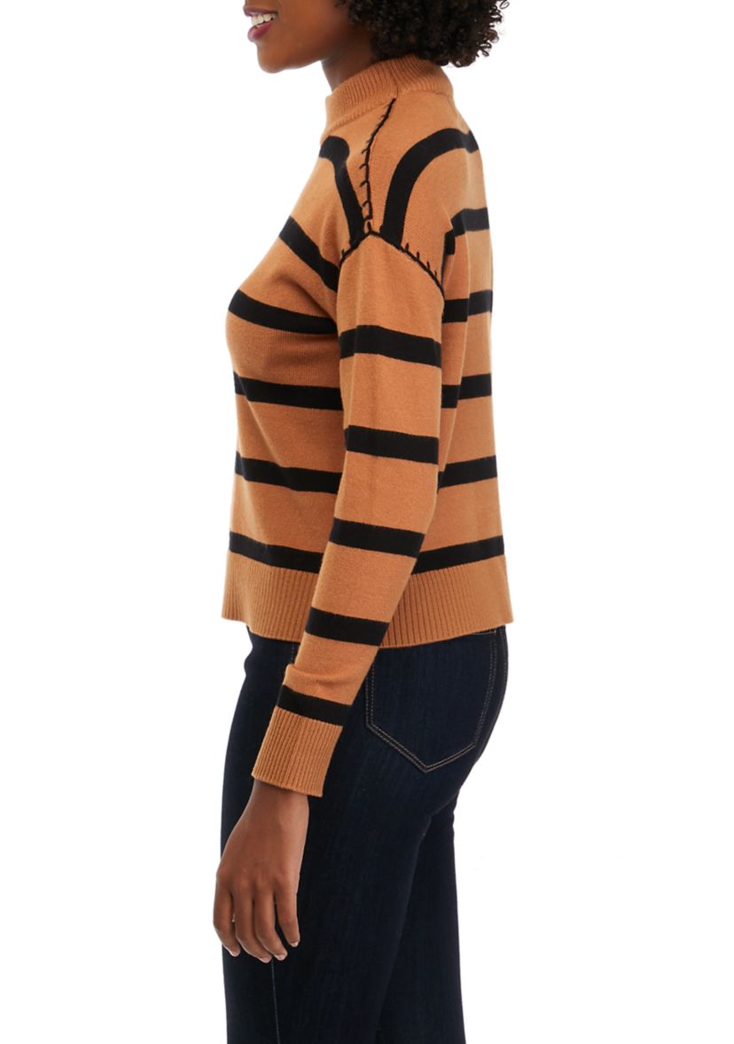 Petite Long Sleeve Stripe Mock Neck Sweater
