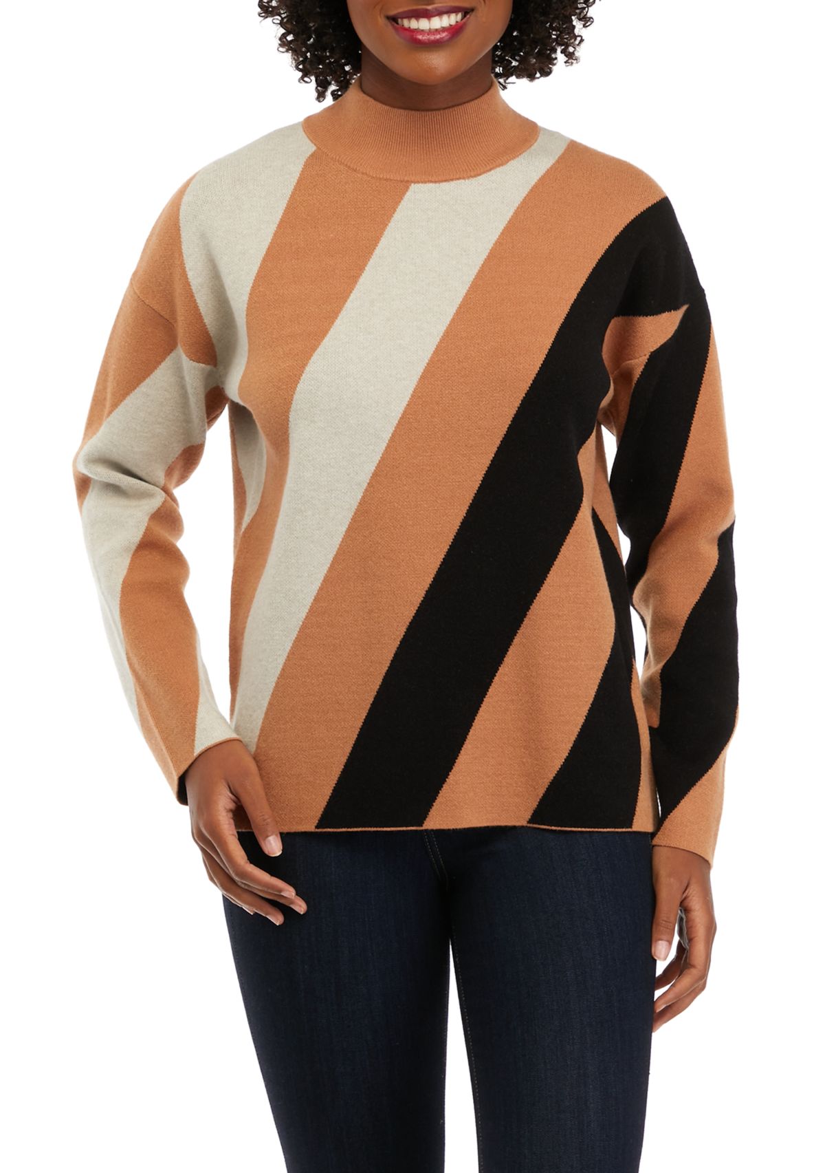 Womens Stripe Mock Neck Sweater