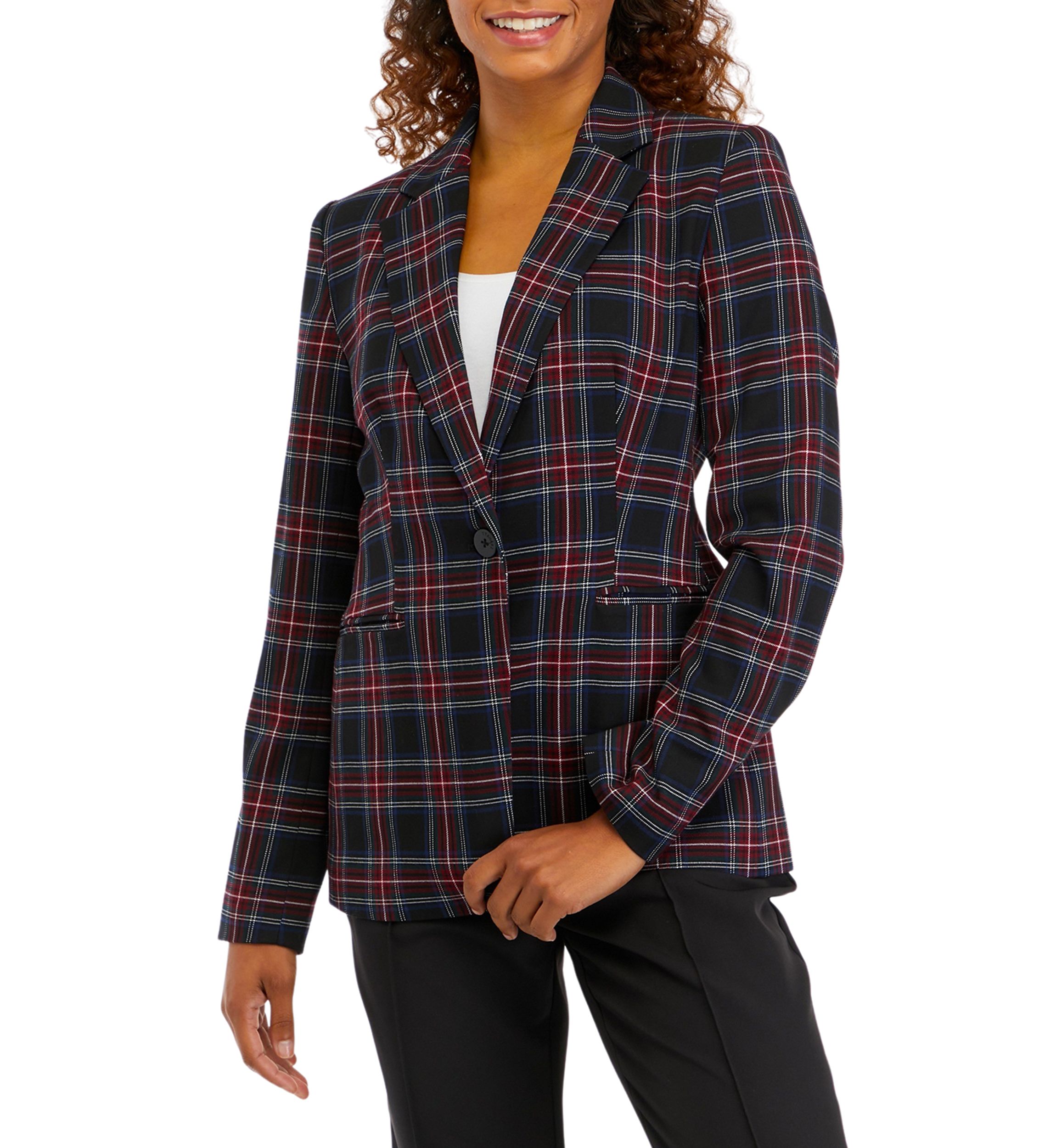 Womens Notch Lapel Plaid Printed Blazer
