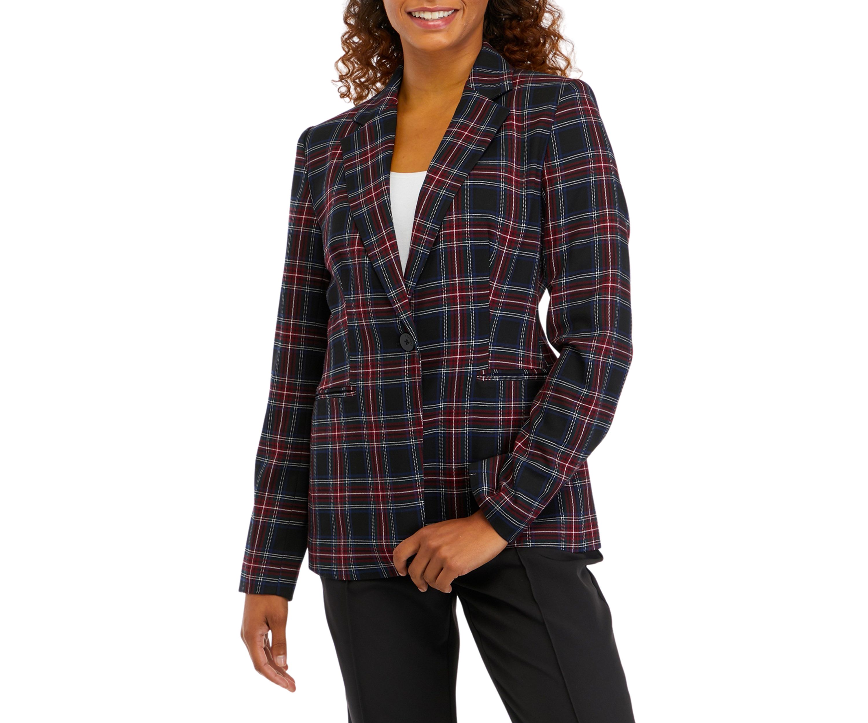 Womens Notch Lapel Plaid Printed Blazer