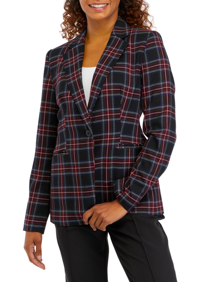 Womens Notch Lapel Plaid Printed Blazer