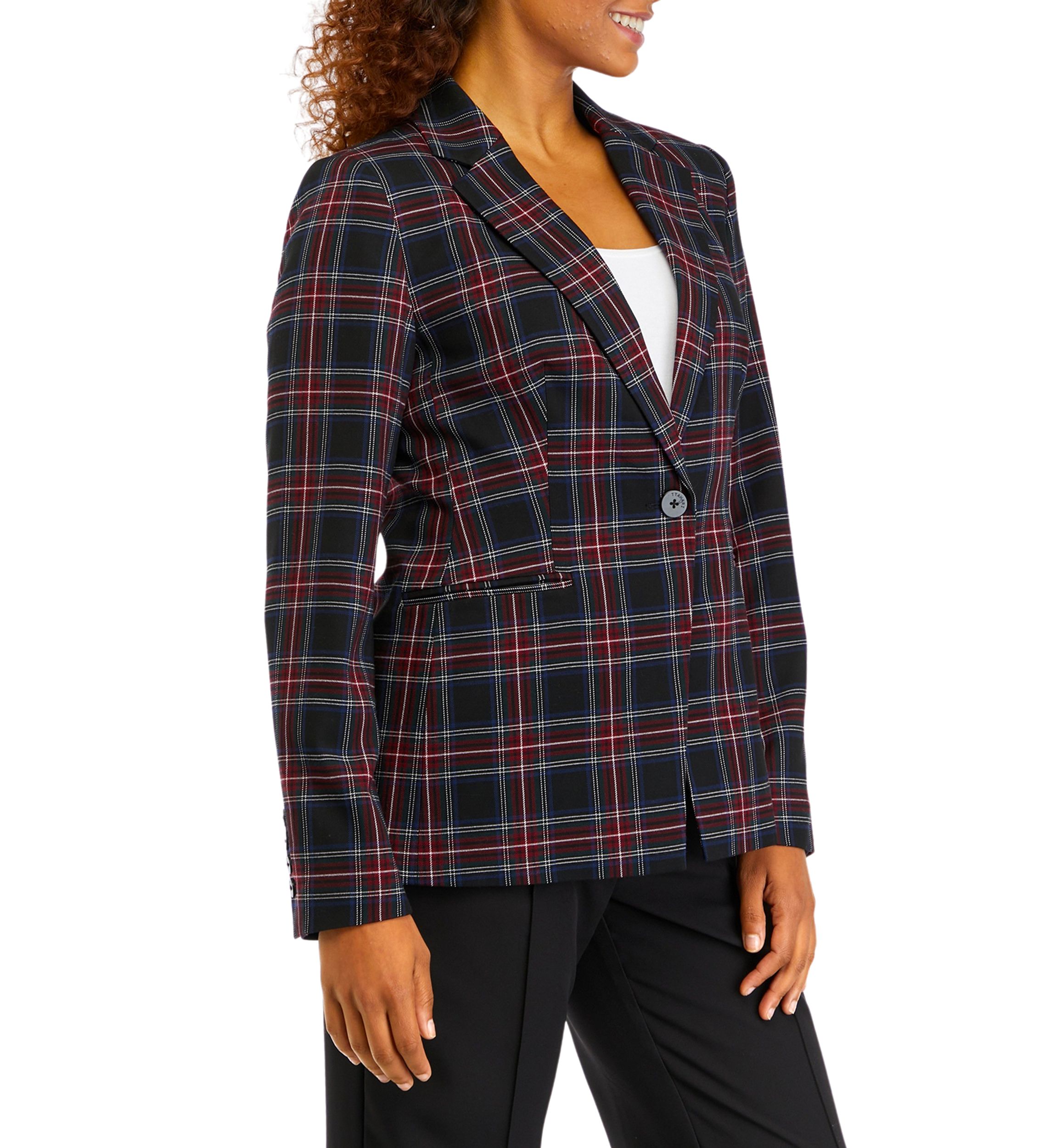 Womens Notch Lapel Plaid Printed Blazer