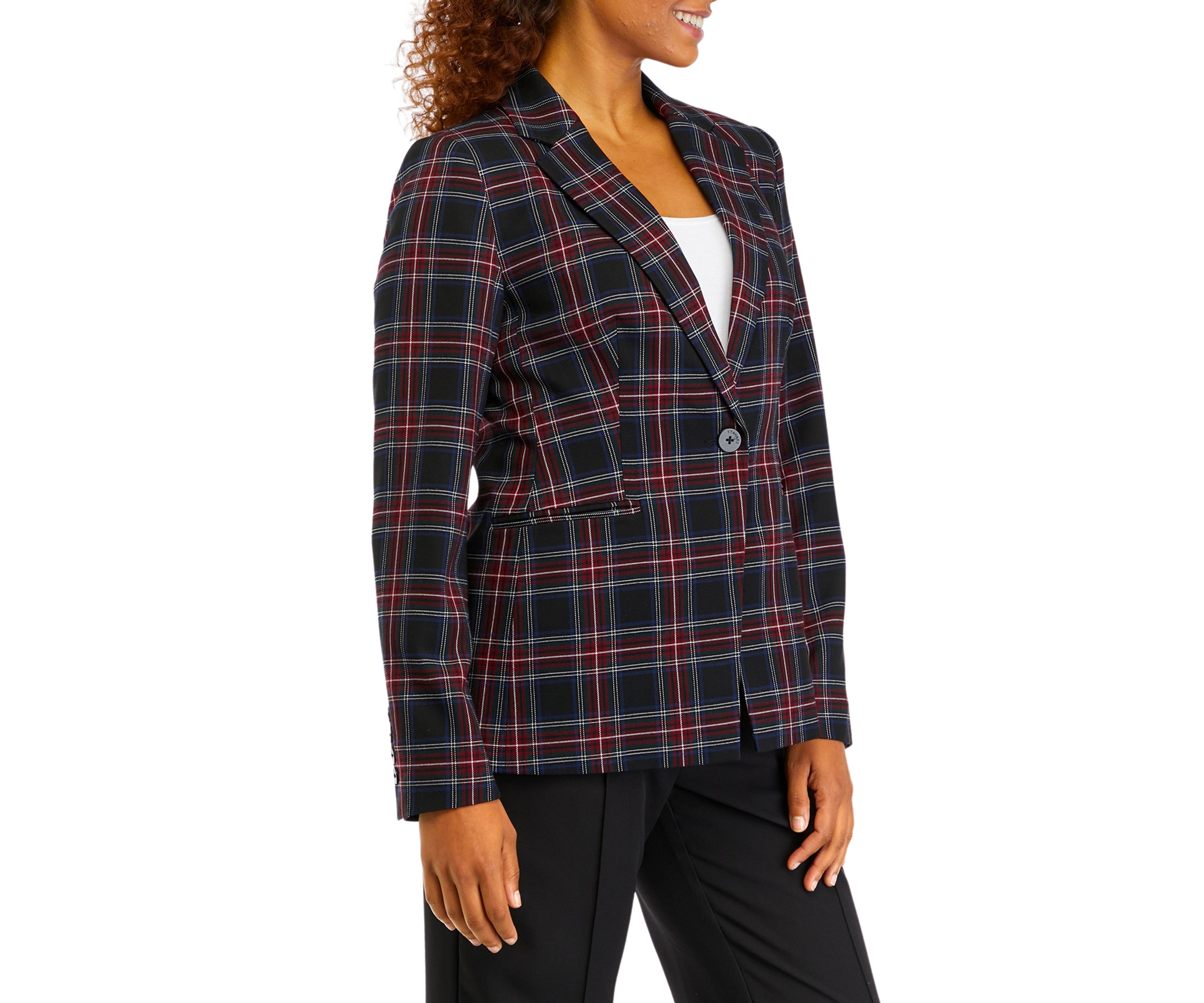 Womens Notch Lapel Plaid Printed Blazer