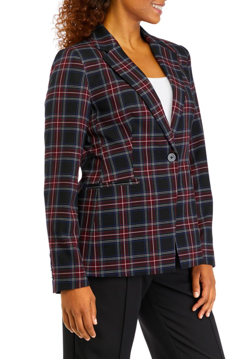 Womens Notch Lapel Plaid Printed Blazer