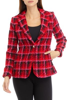 T TAHARI Women's Plaid Tweed One Button Blazer, 8
