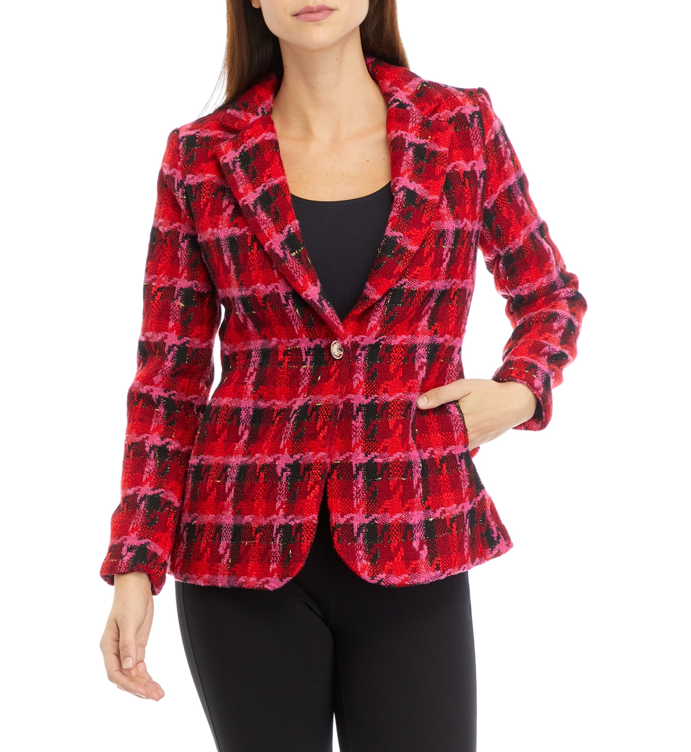 Womens Plaid Tweed One Button Blazer