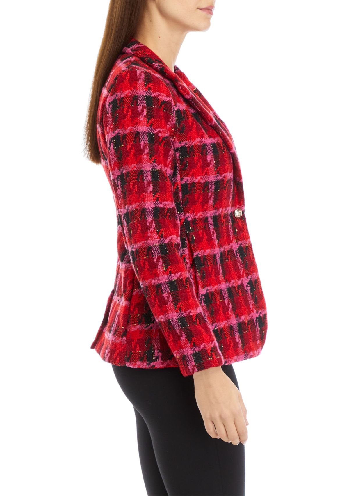 Womens Plaid Tweed One Button Blazer