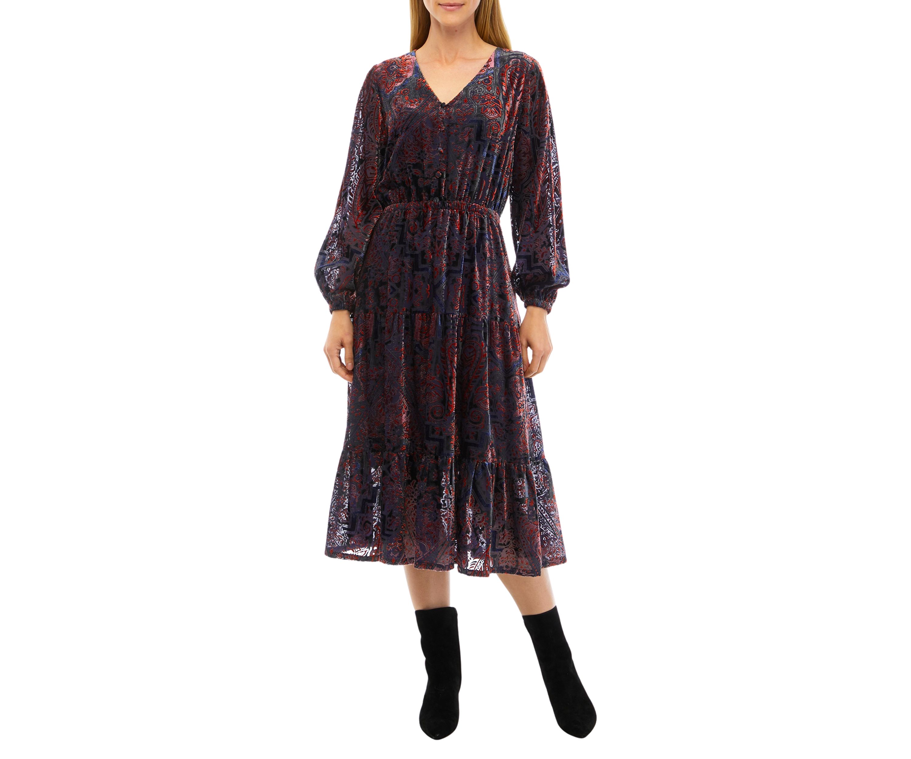 Womens Long Sleeve V-Neck Paisley Print Midi Dress