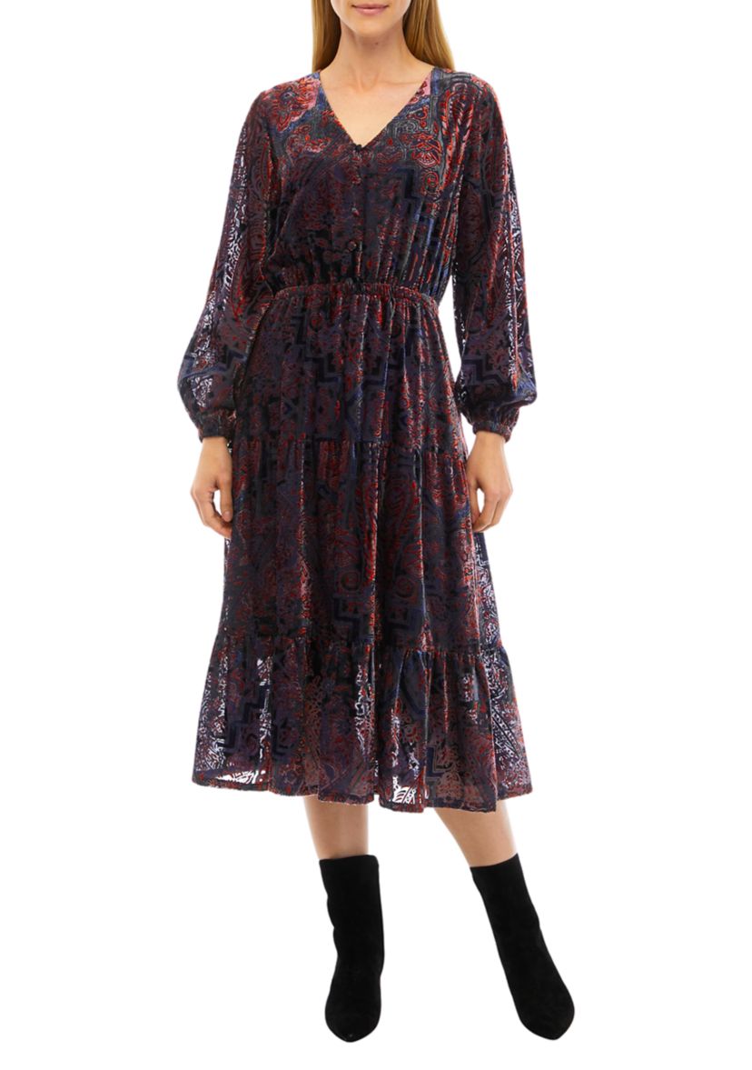 Womens Long Sleeve V-Neck Paisley Print Midi Dress